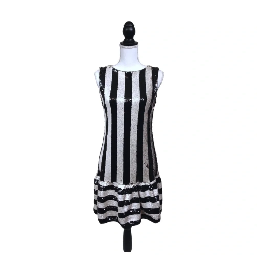 Betsey Johnson Black & Ivory Striped Sequin Ruffle Hem Mini Dress. Size 2. #630 - Picture 3 of 9